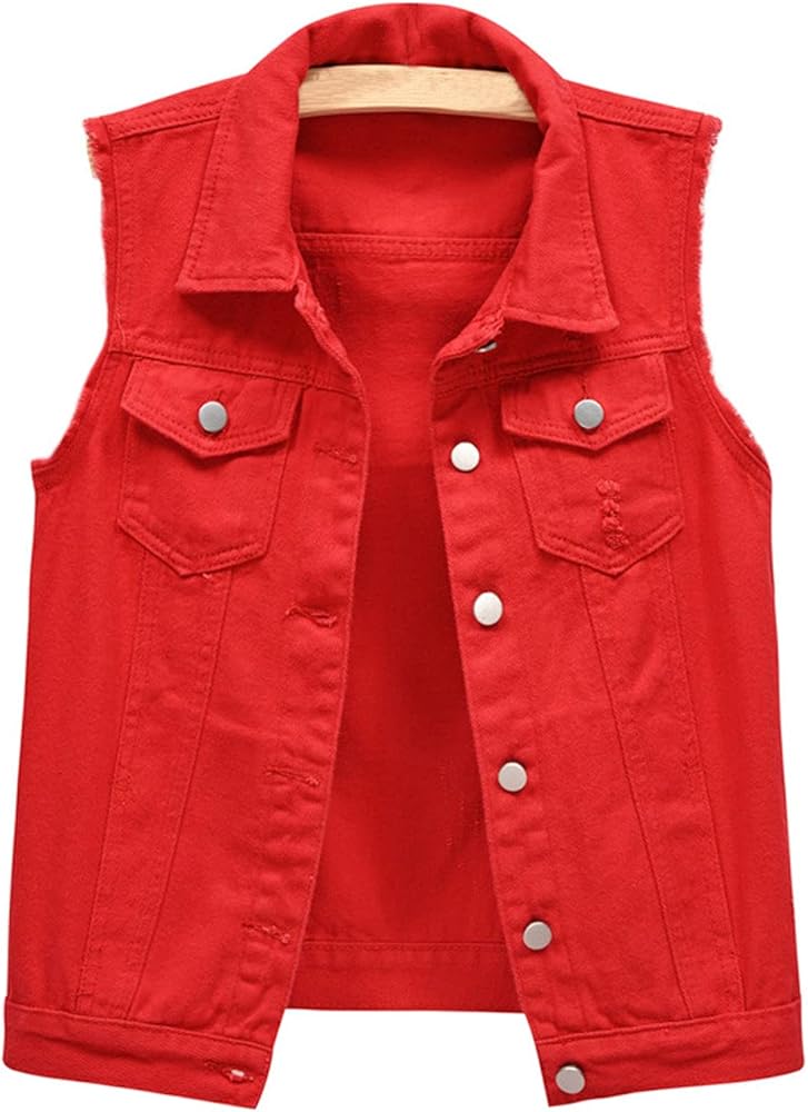 CHARTOU Women's Ripped Lapel Collar Button Up Sleeveless Frayed Denim Vest Jacket