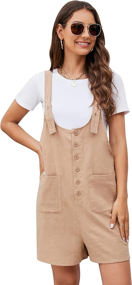 Flygo Women Cotton Linen Shortall Pocketed Adjustable Strap Shorts Overall Romper Khaki L