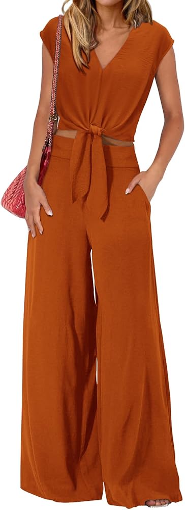 PRETTYGARDEN Women's Summer 2 Piece Outfits 2024 Cap Sleeve V Neck Belted Crop Tops Wide Leg Pant Sets Casual Tracksuit