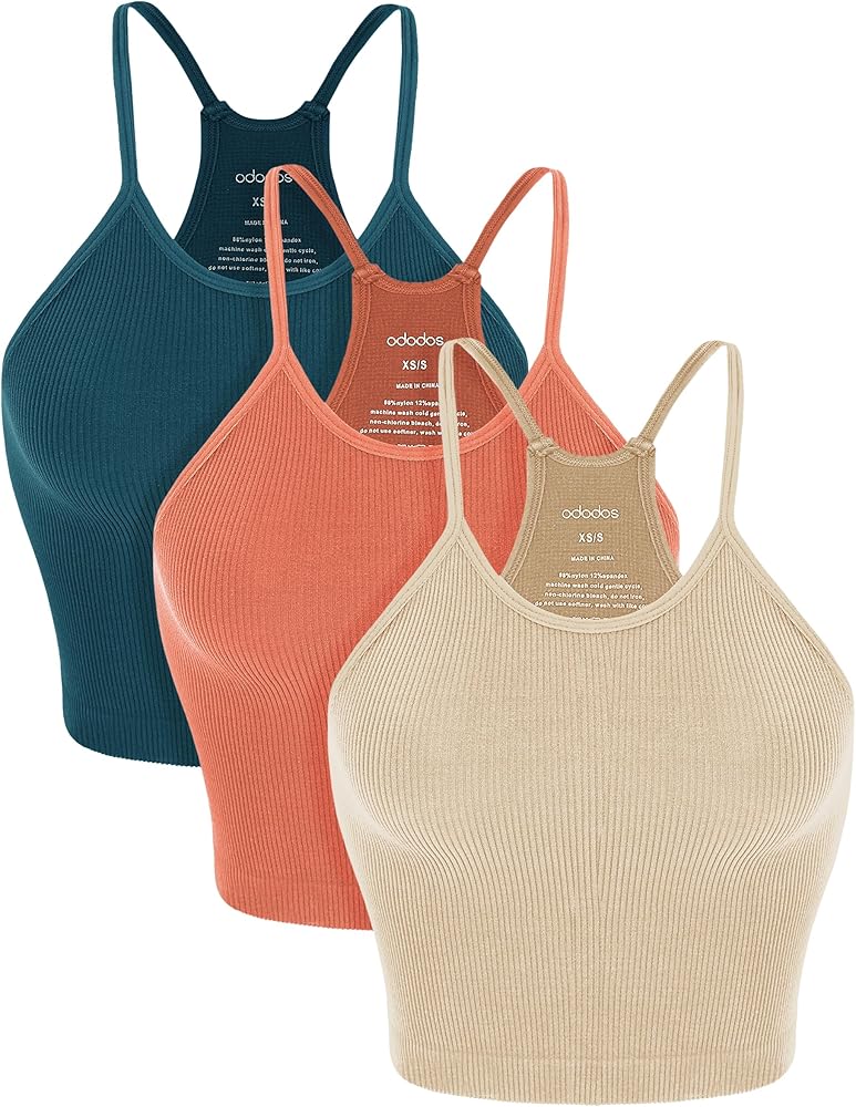 ODODOS Women's Crop 3-Pack Washed Seamless Rib-Knit Camisole Crop Tank Tops