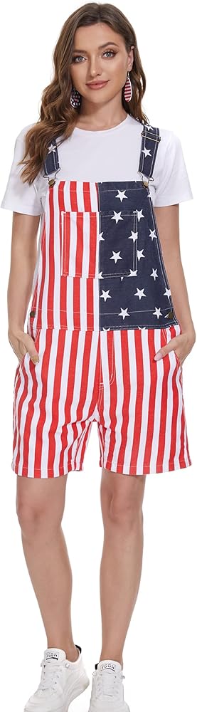 Men's Women's American Flag Denim Overalls Shorts Casual Rompers Denims Bibs Adjustable Strap Jumpsuits