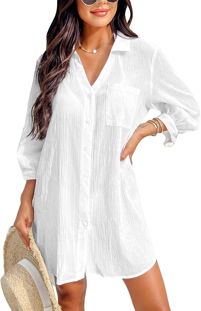 CUPSHE Women's Shirt Cover Up V Neck Swimsuit Button Down Casual Beach Dress 2024