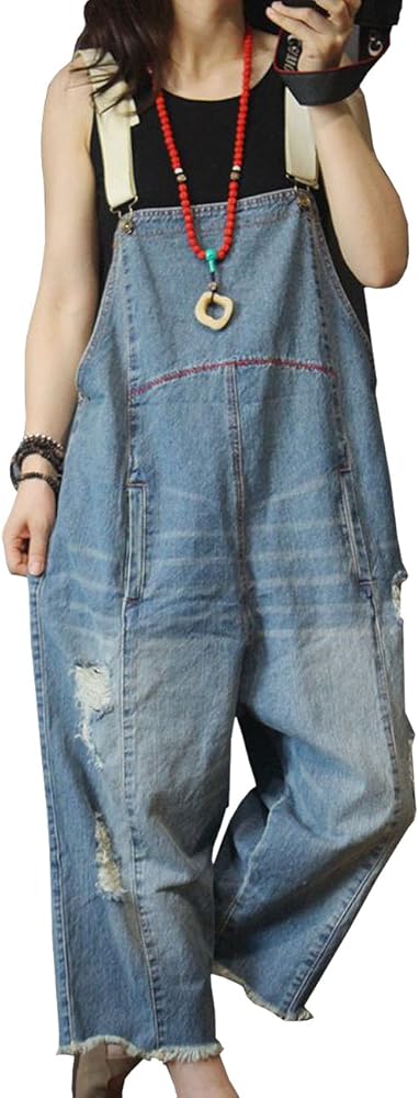 YESNO Women Casual Loose Cropped Denim Jumpsuits Rompers Jeans Overalls Distressed Ripped Fringed/Pockets P49