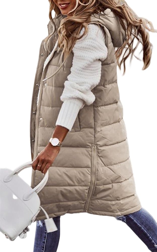 Womens Long Puffer Vest Warm Zipper Hooded Puffer Vest Fleece Sherpa Jackets Sleeveless Comfy Hooded Puffer Jacket