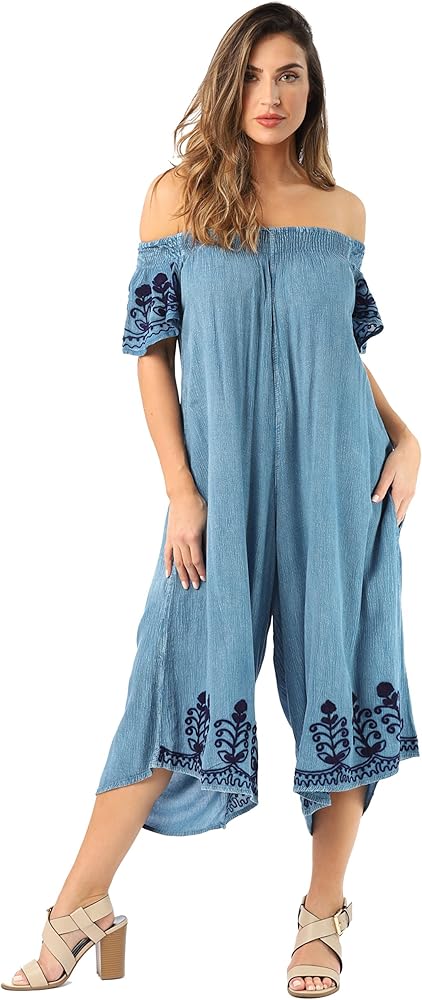 Riviera Sun Womens Off Shoulder Embroidered Jumpsuit Romper