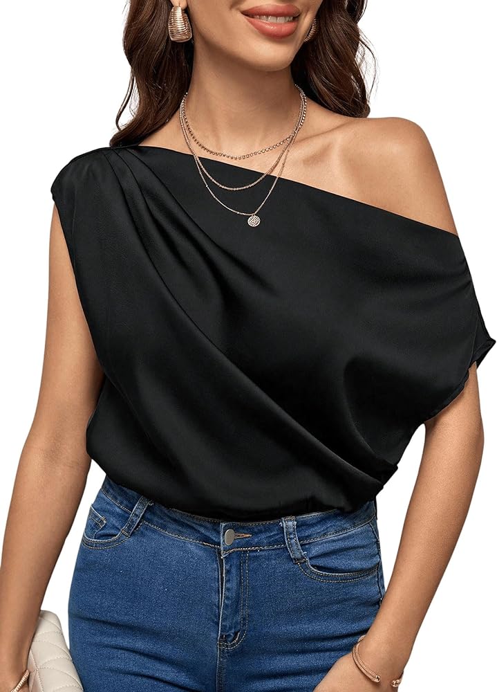 MakeMeChic Women's One Shoulder Satin Bodysuit Elegant Short Sleeve Ruched Silk Blouse Shirt Tops