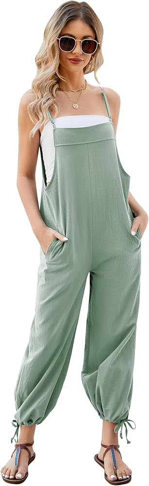 Flygo Womens Casual Cotton Overalls Sleeveless Jumpsuits Spaghetti Strap Loose Romper Long Pants with Pockets Cyan S