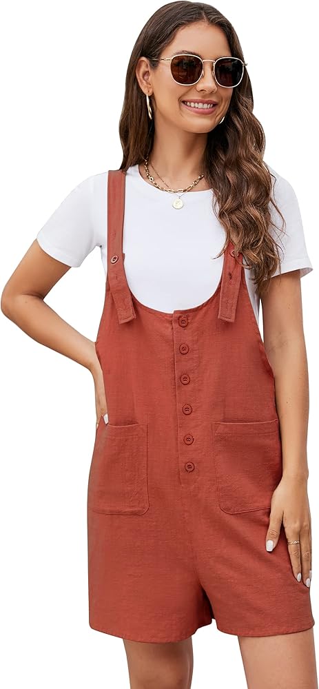 Flygo Women's Casual Summer Cotton Linen Button Down Rompers Overalls Jumpsuit Overall Shorts(Red-XL)