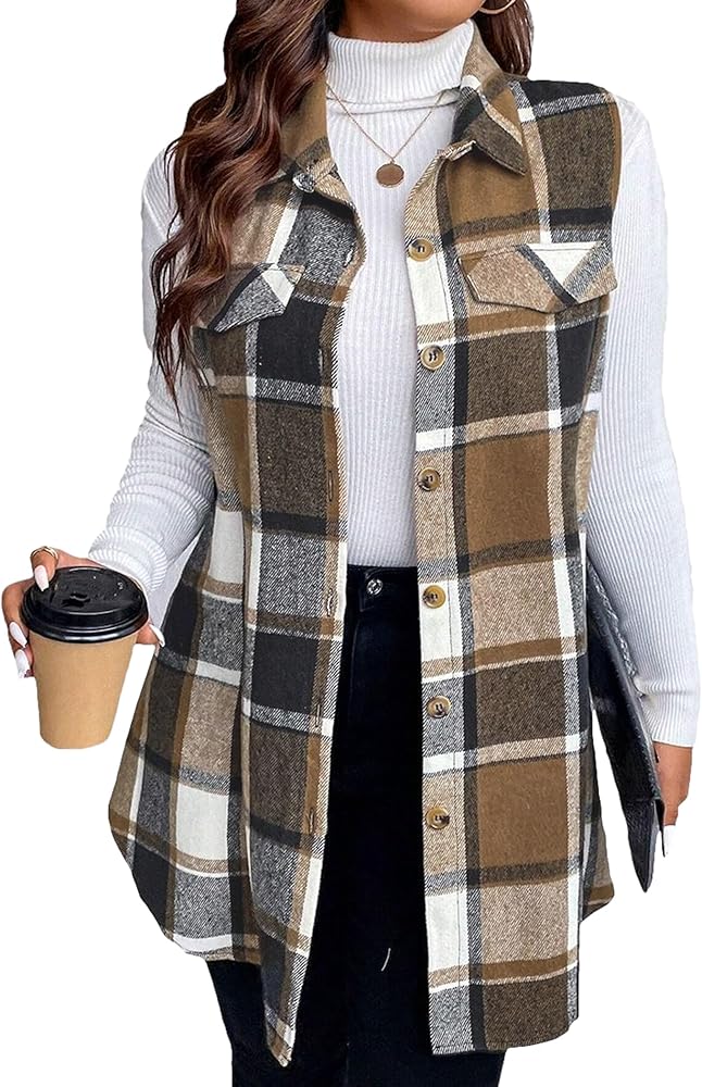 Flannel Vest For Women 2024 Fall Plaid Lightweight Fully Lined Long Fashion Casual Elegant Jacket With Pockets