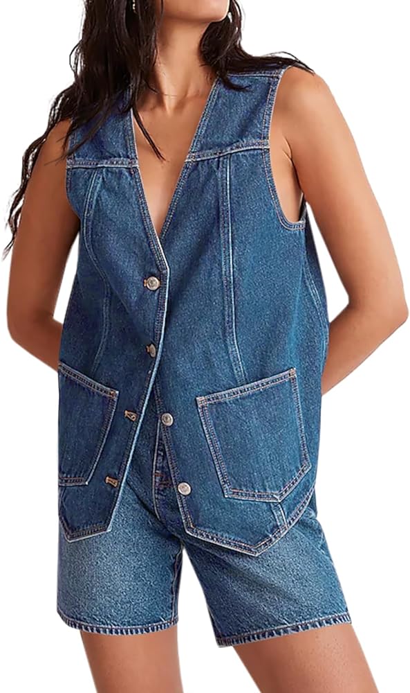 Tankaneo Denim Vest for Women Casual V Neck Button Down Sleeveless Jean Jacket