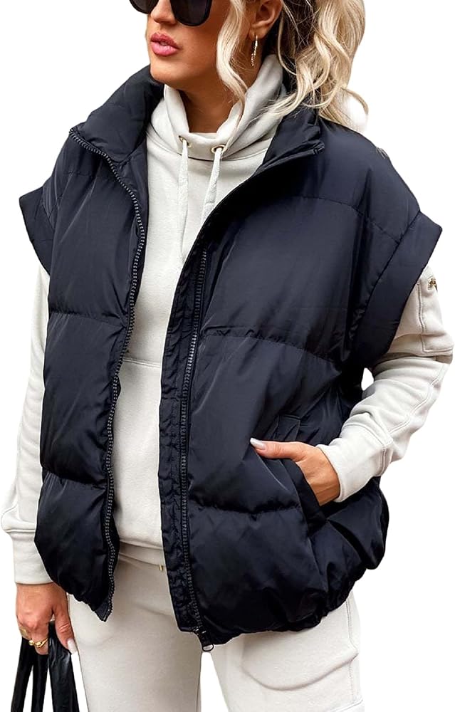 Women Oversized Puffer Vest Cap Sleeve Stand Collar Puffy Quilted Vest Y2k Zip Up Sleeveless Padded Jacket