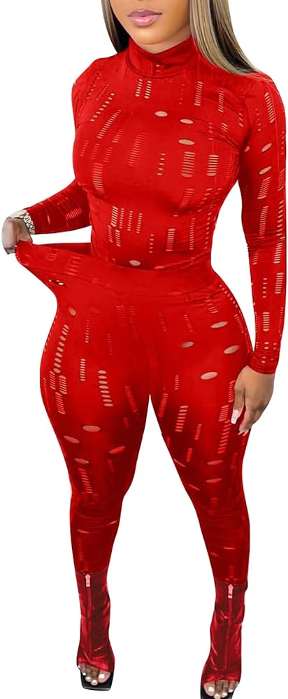 Women Sexy See Through Two Piece Outfits Long Sleeve Hollow Out Top High Waist Legging Pant Sets