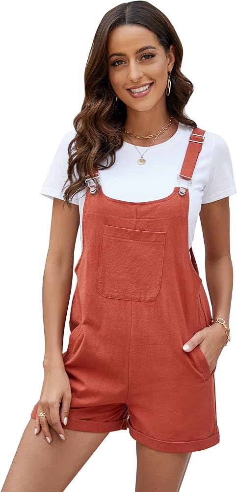 PEHMEA Women Shorts Overalls Bib Rompers Shortalls Summer Adjustable Straps Casual Cotton Jumpsuits with Pockets(Red-S)