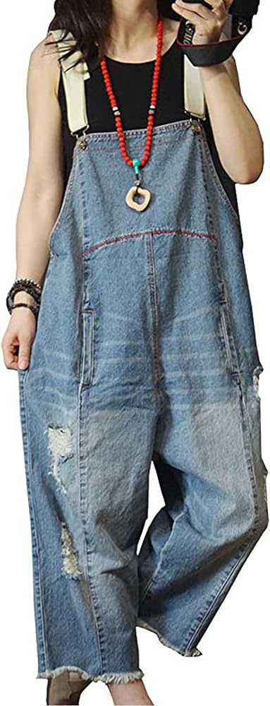 Flygo Women's Loose Baggy Denim Ripped Wide Leg Jumpsuit Rompers Overalls Harem Pants