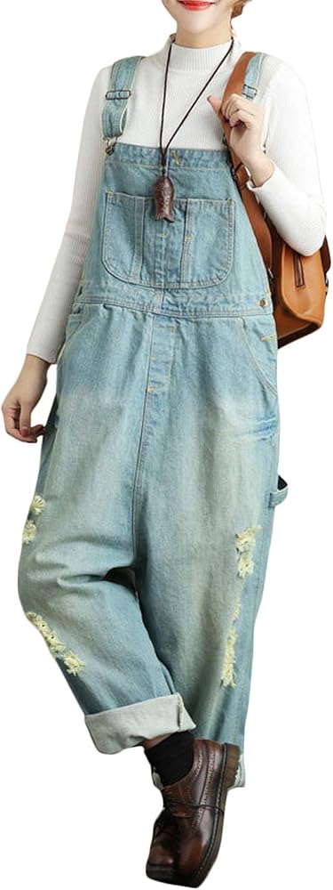 Flygo Women's Loose Baggy Cotton Wide Leg Drop Crotch Cropped Jumpsuit Rompers Overalls (One Size(US 8-12), Style 06 Light Blue)