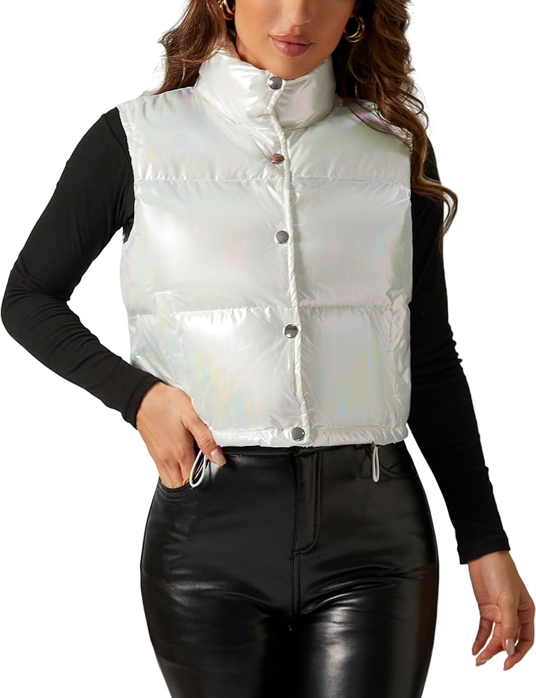 Flygo Women's Winter Crop Vest Metallic Quilted Down Vest Sleeveless Puffer Jacket