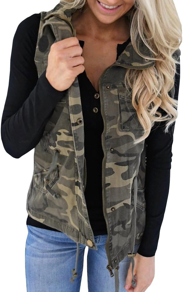 Tutorutor Womens Military Safari Camo Vest Utility Lightweight Sleeveless Hooded Drawstring Jackets with Pockets