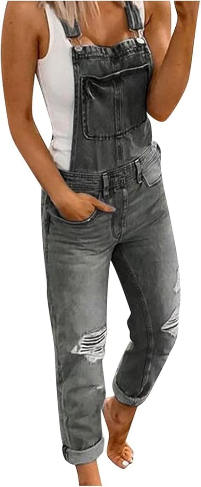 Women's Casual Loose Fit Jean Jumpsuit Classic Adjustable Denim Bib Overalls Washed Ripped DistressedRompers Jeans