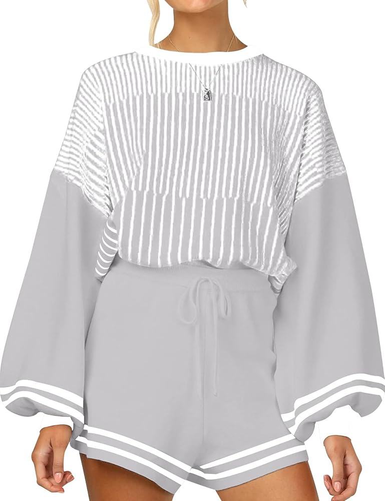 Dqbeng 2 Piece Outfits for Women Knitted Striped Long Sleeve Pullover Elastic Shorts Lounge Set Sweater Set Shorts Set