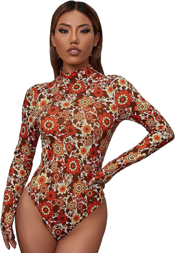 Verdusa Women's High Neck Long Sleeve Floral Print Tee Bodysuit Leotard Tops