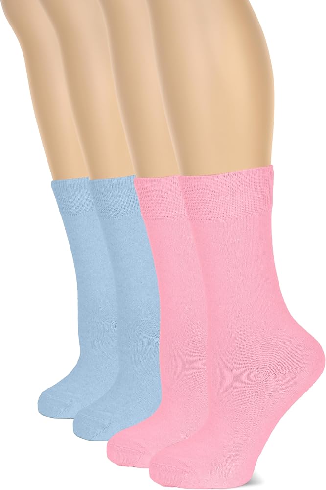 Hugh Ugoli Women's Cotton Crew Socks | Plain Color, Regular Fit, Soft Casual Socks for Trouser, 4 Pairs, Pink/Blue, Shoe Size: 6-9