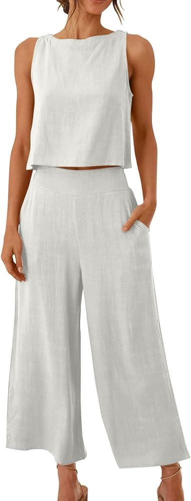 Women's Trendy Outfits 2024 Plus Size Sleeveless Outfit Casual Wide Leg Pants Set with Pockets Sets Outfits, S-3XL