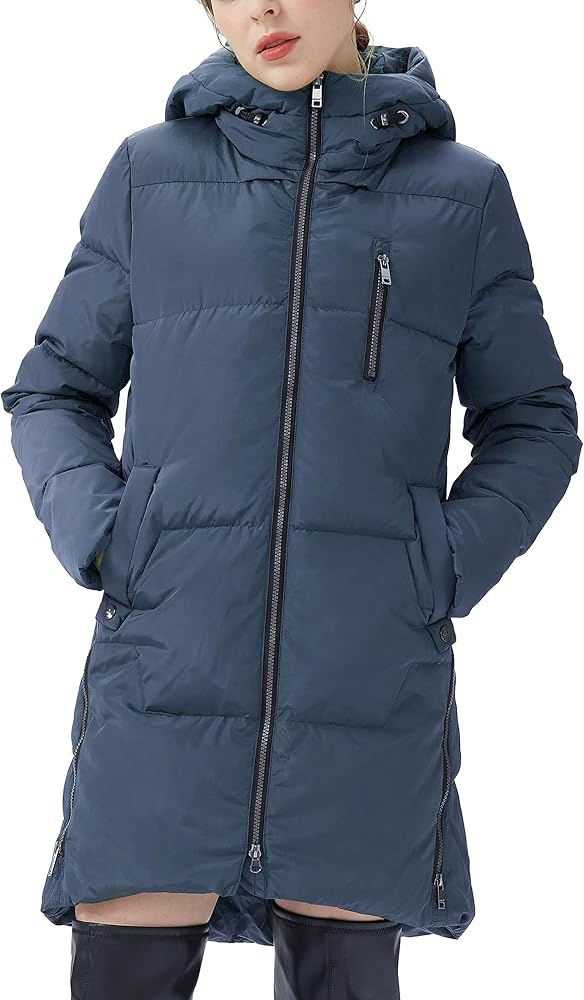 Orolay Women's Stylish Down Hooded Jacket with Two-Way Zipper Winter Down Coat Puffer Jacket A-line Coat