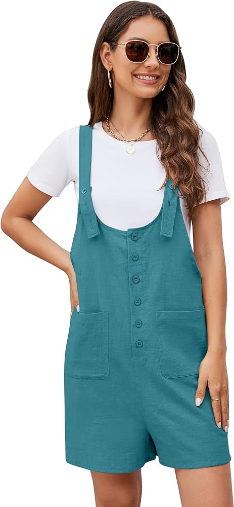 Flygo Women's Casual Summer Cotton Linen Button Down Rompers Overalls Jumpsuit Overall Shorts(DarkGreen-XL)