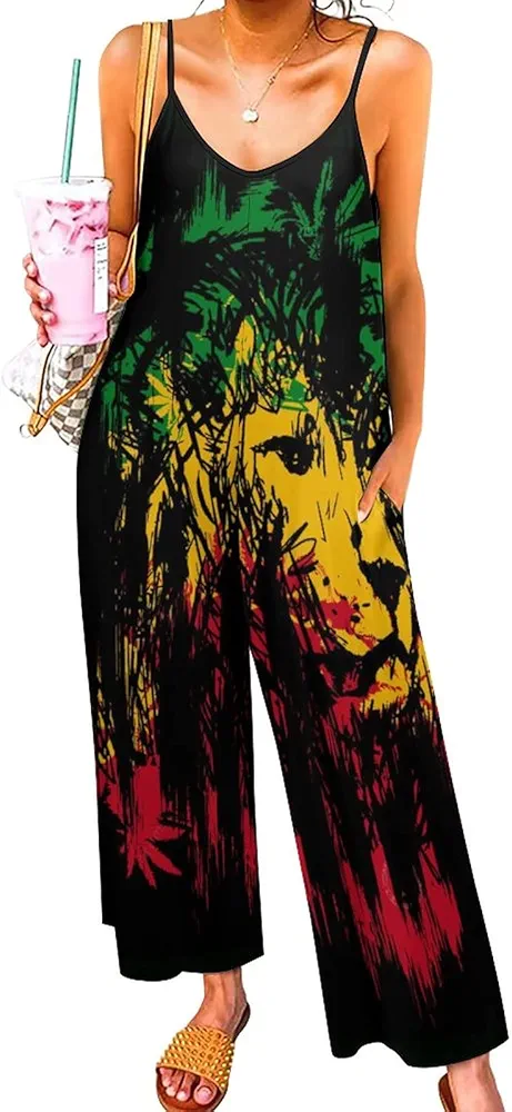 Rasta Lion Women's Sleeveless Jumpsuits Print Wide Leg Long Pants Romper with Adjustable Spaghetti Strap