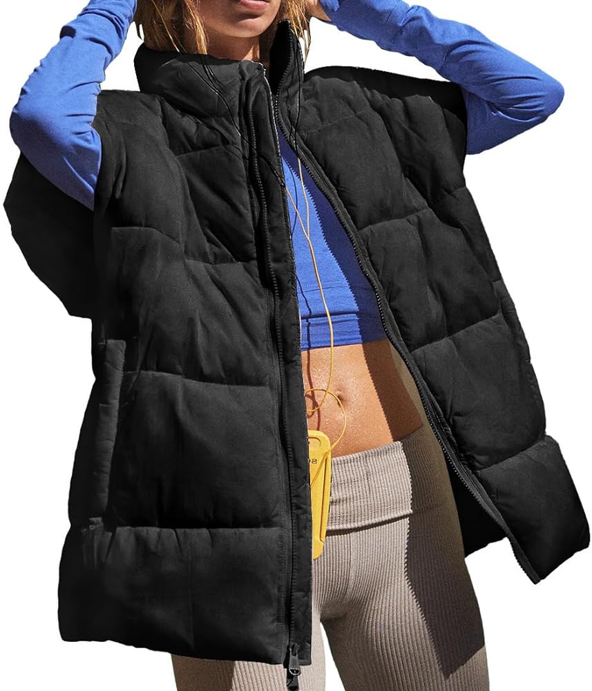 Puffer Oversized Vest Women Lightweight Stand Collar Insulated Padded Puffy Jackets Long Puffer Vest