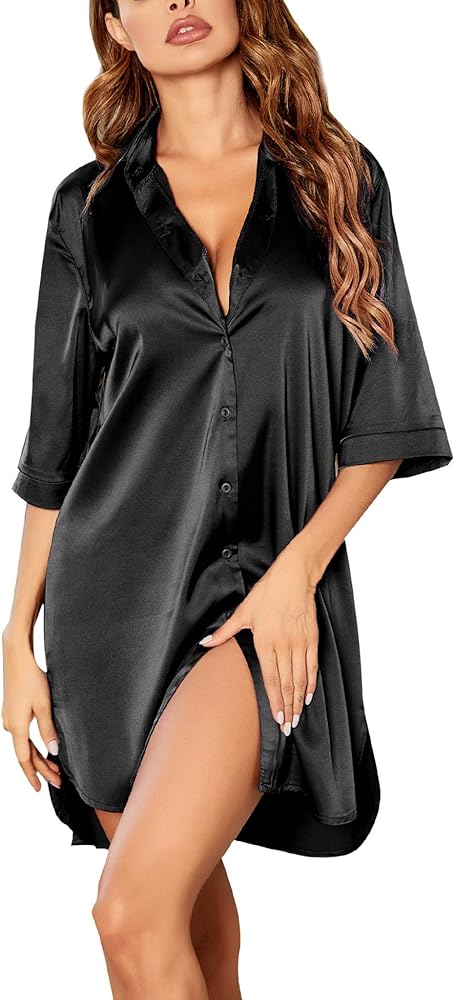 Ekouaer Women's Satin Nightshirt Button Down Sleepshirt Silk 3/4 Sleeve Nightgown Boyfriend Notch Collar Sleepwear S-3XL