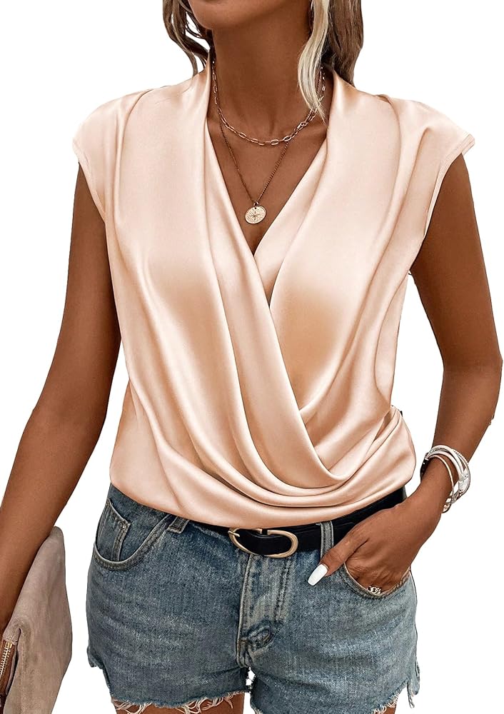 SOLY HUX Women's Satin Bodysuit V Neck Wrap Draped Front Cap Sleeve Bodysuit Top Shirt