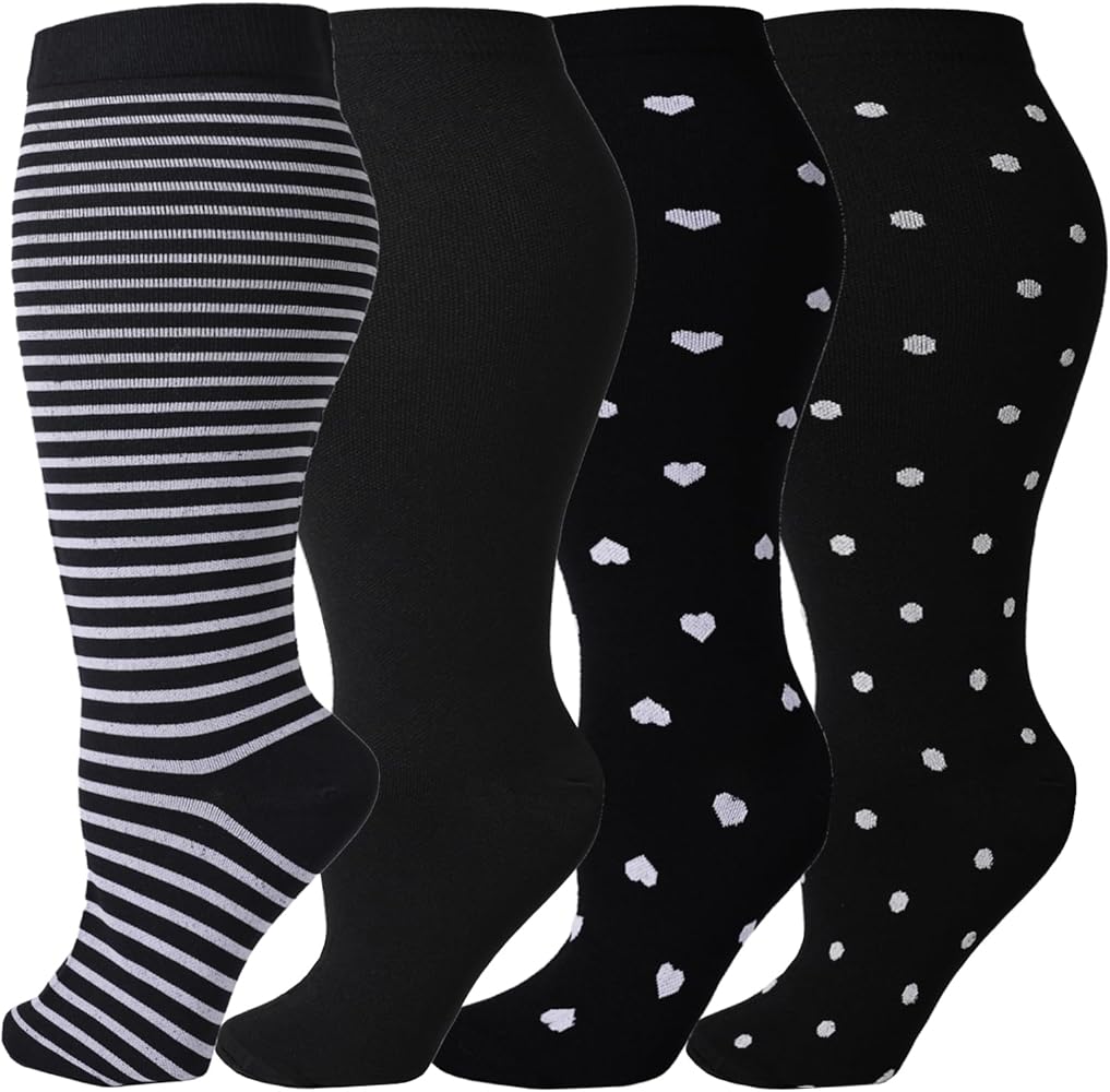 4 Pairs Plus Size Compression Socks Unisex 20-30mmHg Knee high XXL XXXL XXXXL Wide Calves for Flying Running for Woman & Man