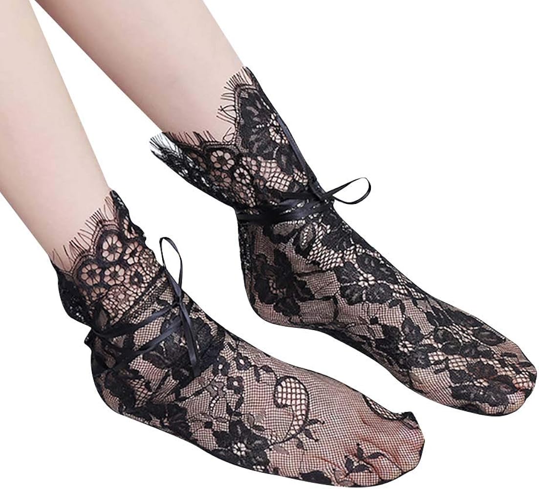 Women's Vintage Style Sheer Slouch Socks Black Luxury Lace Loose Fit See Through Mesh Tulle Medium Calf Socks