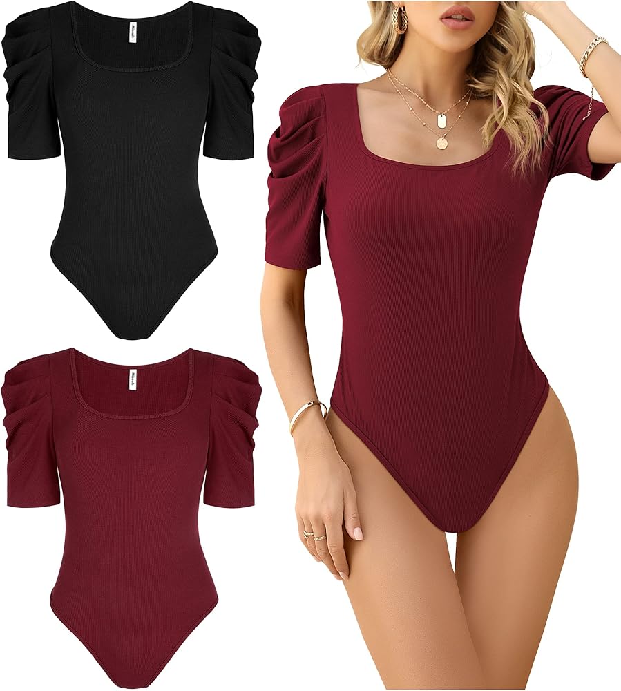 Missufe Women's 2 Piece Summer Puff Short Sleeve Square Neck Ribbed Fit Casual Bodysuit Tops