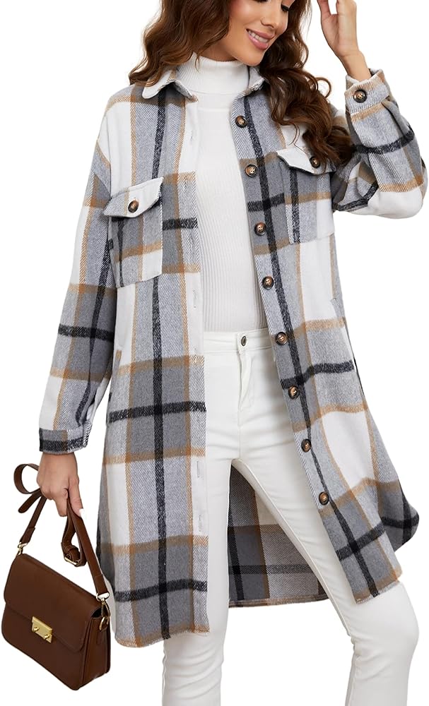 Esmeling Womens Plaid Shacket Brushed Flannel Shirt Jacket Mid Long Wool Blend Tartan Coat