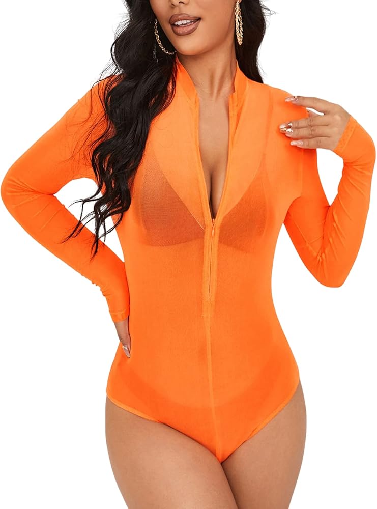 Floerns Women's Sheer Mesh Zipper Up Long Sleeve Leotard Bodysuit Top