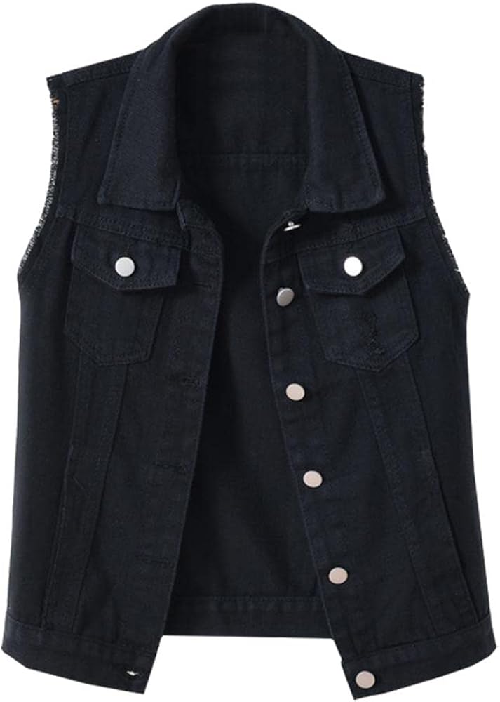 Kedera Women's Sleeveless Button Down Ripped Denim Jean Vest Waistcoat Frayed Jacket