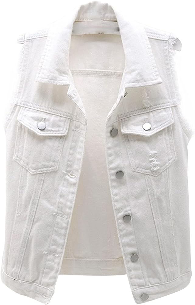 Women's Casual Denim Waistcoat Frayed Sleeveless Ripped Jacket Vest with Pockets