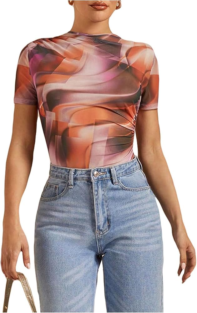 SOLY HUX Women's Mock Neck Short Sleeve Bodysuit Tops Casual Printed Ruched Tee Shirts