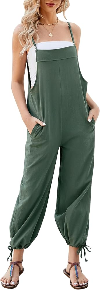 PEHMEA Women's Cotton Linen Overalls Loose Jumpsuit with Pockets Adjustable Spaghetti Strap Pants(ArmyGreen-L)