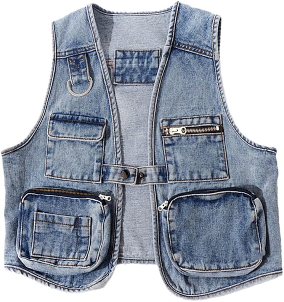 Summer Big Pocket Short Denim Vest Women Casual Washed Blue Waistcoat Sleeveless Jacket Jeans Vests