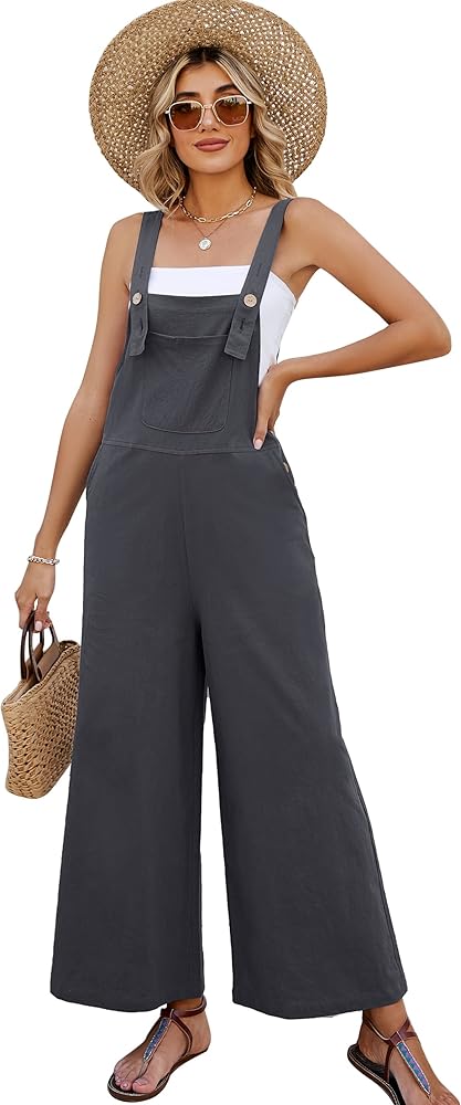 PEHMEA Women's Casual Cotton Wide Leg Overalls Sleeveless Baggy Rompers Loose Fit Jumpsuits(DarkGrey-XXL)