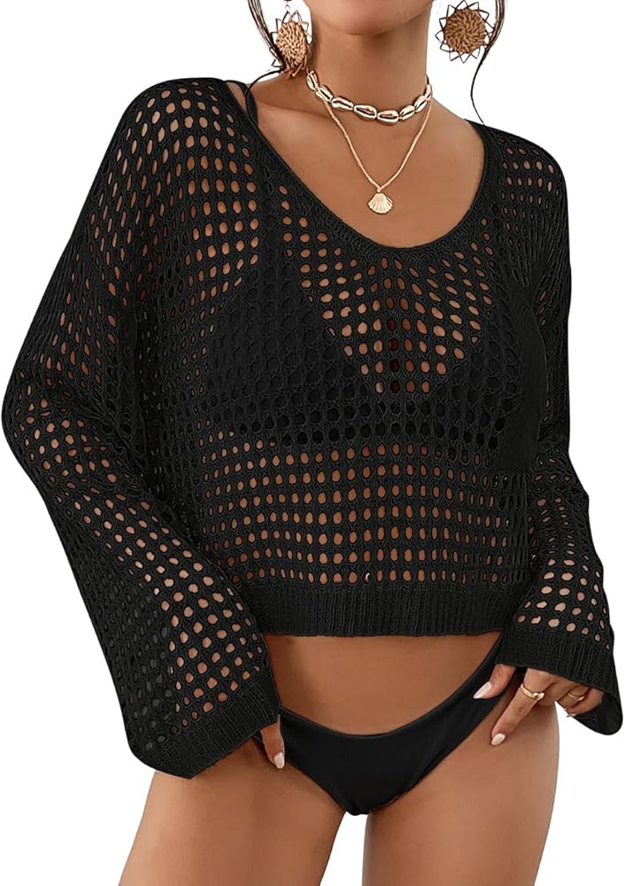 Bsubseach Womens Crochet Crop Top Beach Swimsuit Cover Up Long Sleeve Hollow Out Bathing Suit Cover Ups