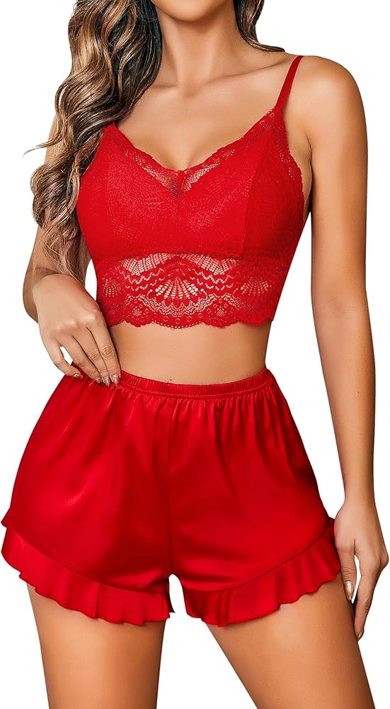 Avidlove Sexy Floral Pajamas Set Lace Bralettes and Silk Ruffled Shorts 2 Piece Camisoles Sleepwear