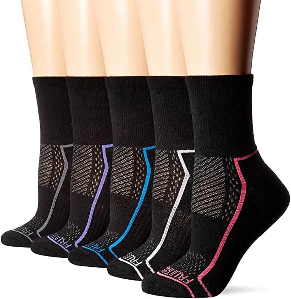 Fruit of the Loom Women's Fit for Me Everyday Active Crew Sock (5 Pair), Black/Colors Assorted, Shoe Size: 8-12