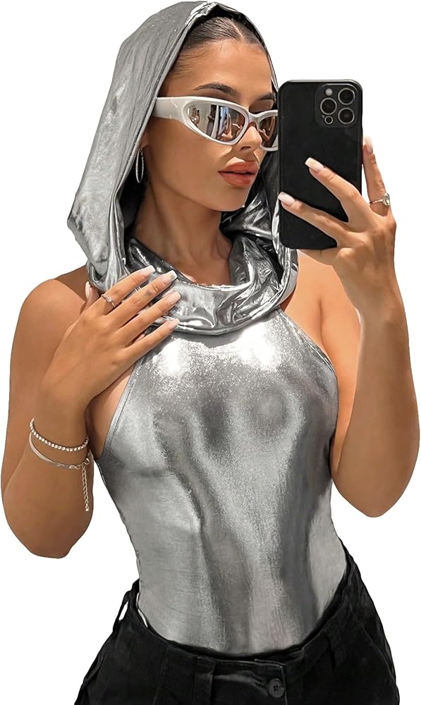 Verdusa Women's Y2K Metallic Hooded Neck Sleeveless Tank Bodysuit Top Leotard