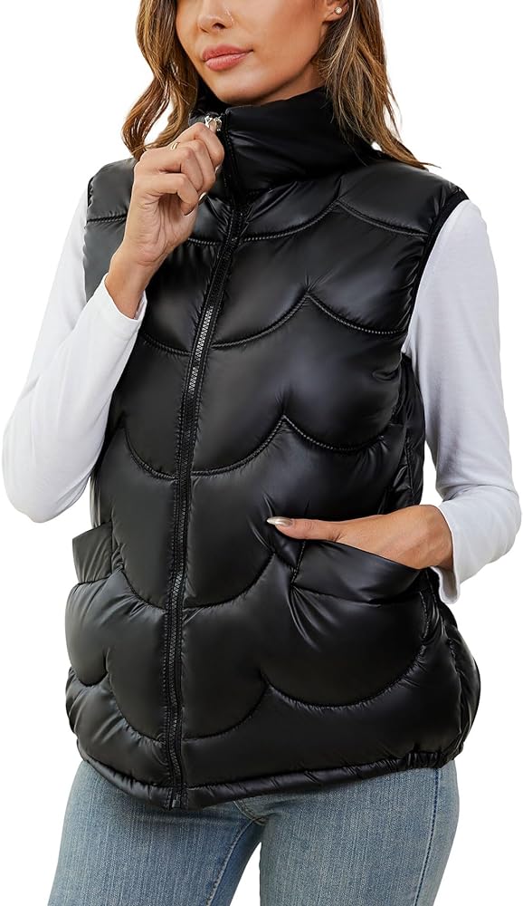 Womens Puffer Vest Quilted Vest Stand Collar Puffy Coat Outerwear Lightweight Padded Gilet 2023