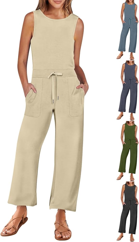 Wide Leg One Piece Jumpsuits for Women Dressy Casual Air Essentials Jumpsuit with Pockets Summer Tank Rompers 2024