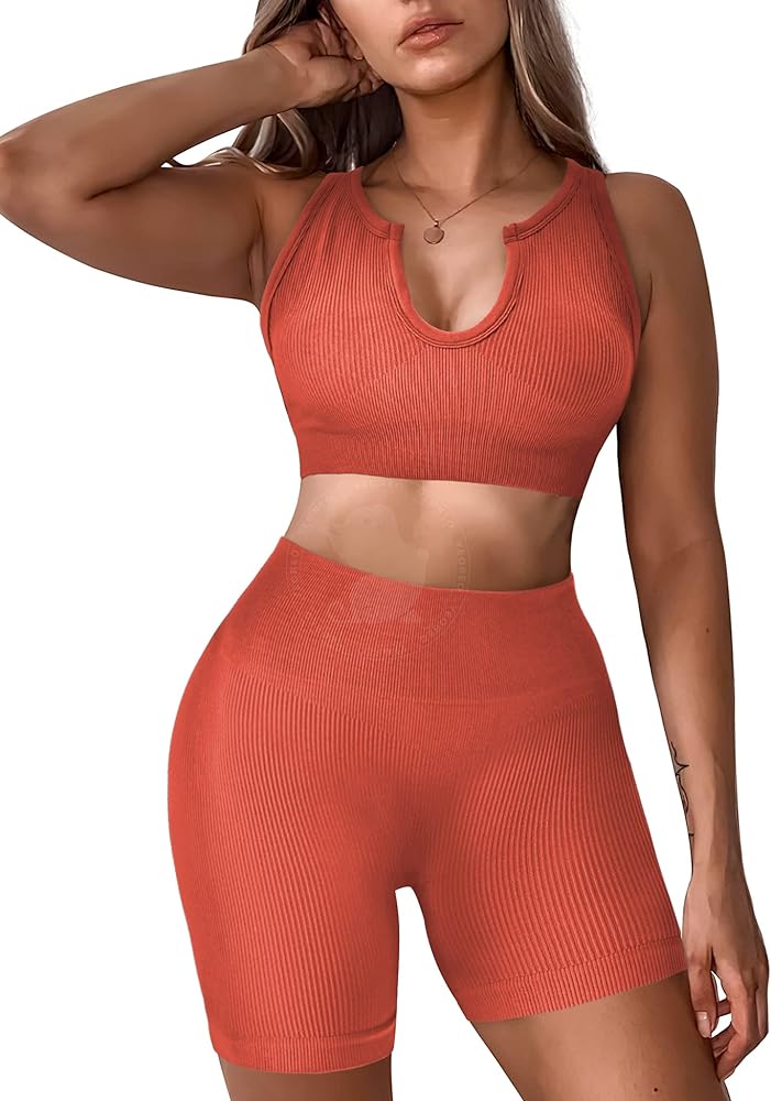 YEOREO Women 2 Pieces Workout Set High Waist Seamless Yoga Outfit Ribbed Sports Bra V Neck Sleeveless Activewear